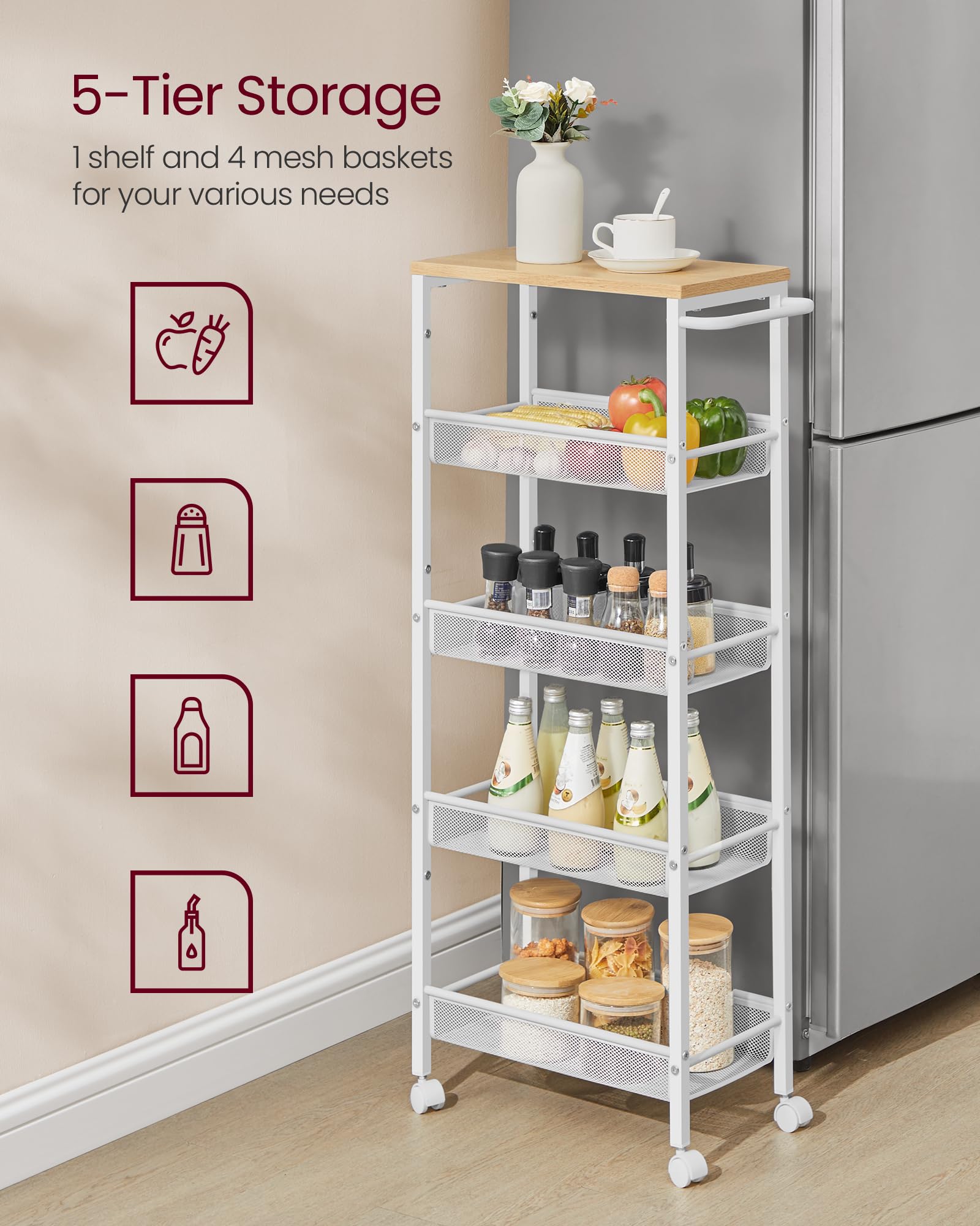 VASAGLE 5-Tier Slim Rolling Storage cart with Wheels, 8.7 Inches, Metal