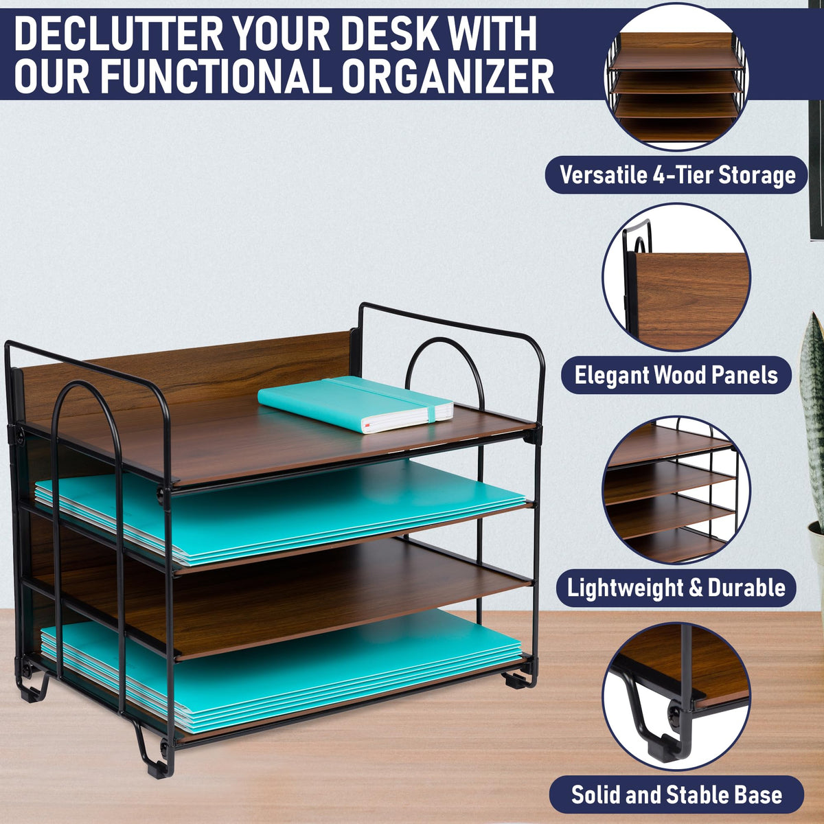 4-Tier Office Organizer, Desk File Organizer with Wood Patterned Shelves, Office Supplies Desktop