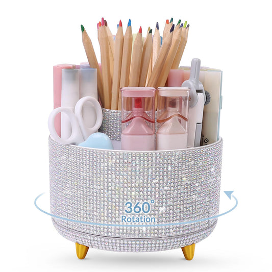 SKYDUE 360 Degree Rotating Desk Organizer, Shining Dual-Purpose Rhinestone Pencil Pen Holder