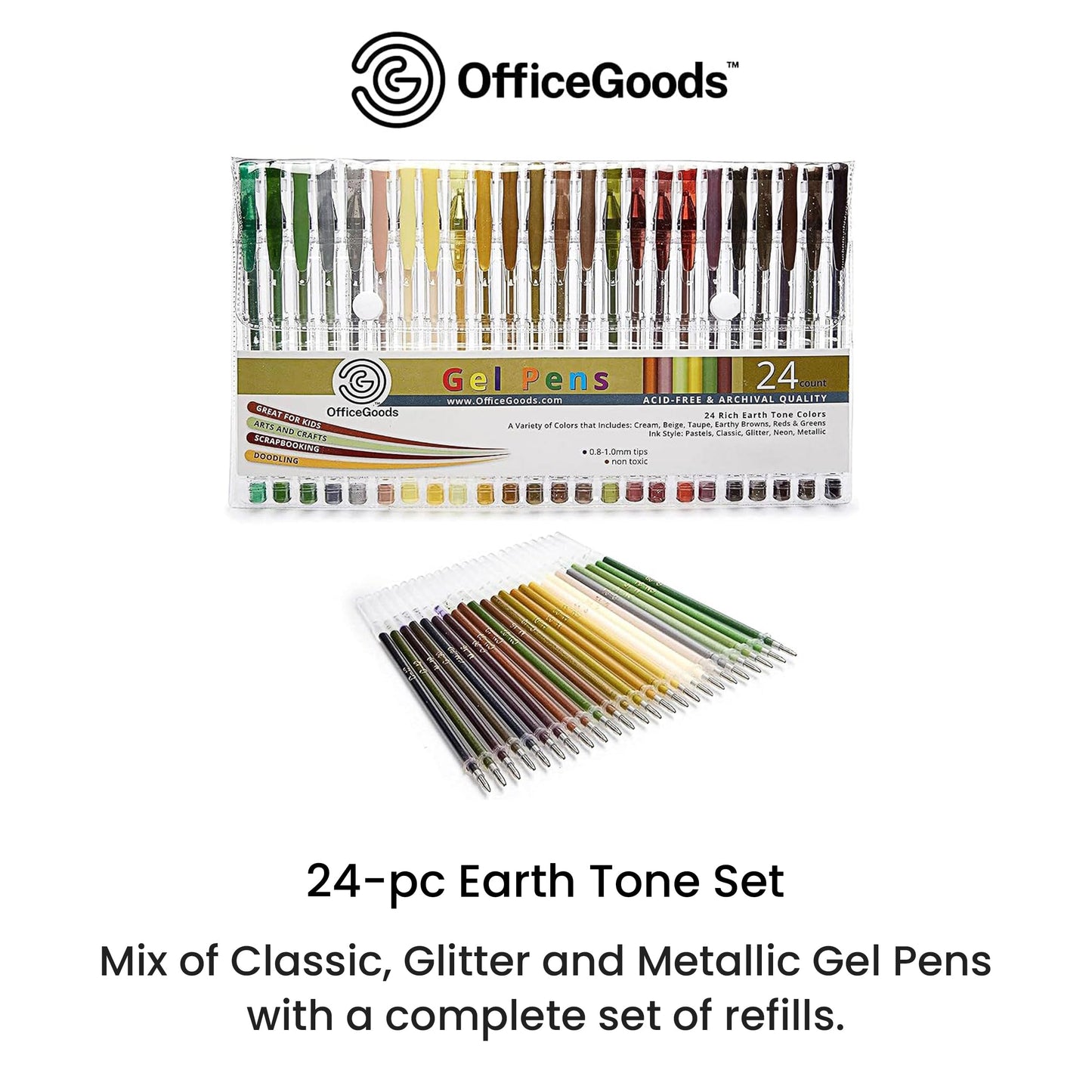 OfficeGoods Brown Earth Gel Pens with Refills, 0.8-1.0mm Tips, 24 Pack
