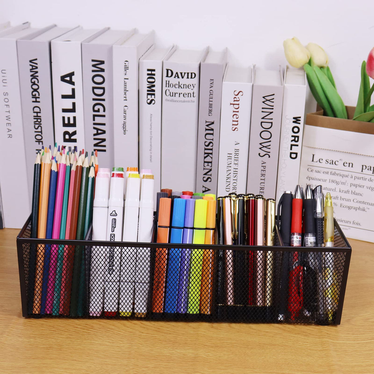 Flytreal Black Mesh Pen Pencil Holder, Small Metal Desk Organizer Desktop Stationery Office