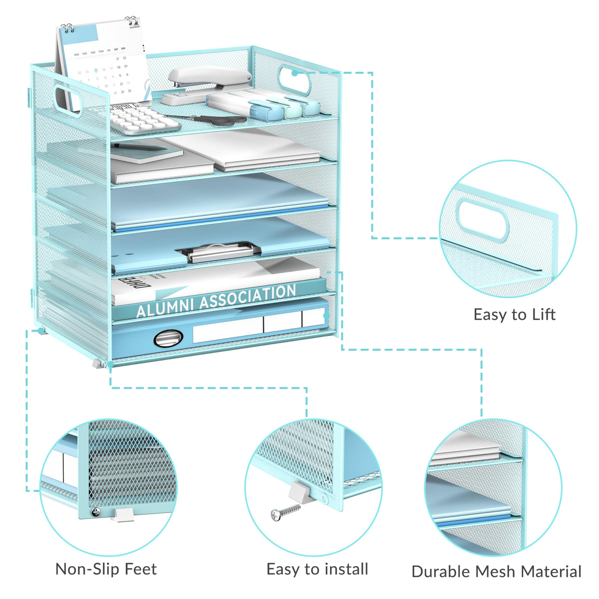 Daltack 6-Tier Paper Organizer for Desk with Handle, Blue, 2 Pack