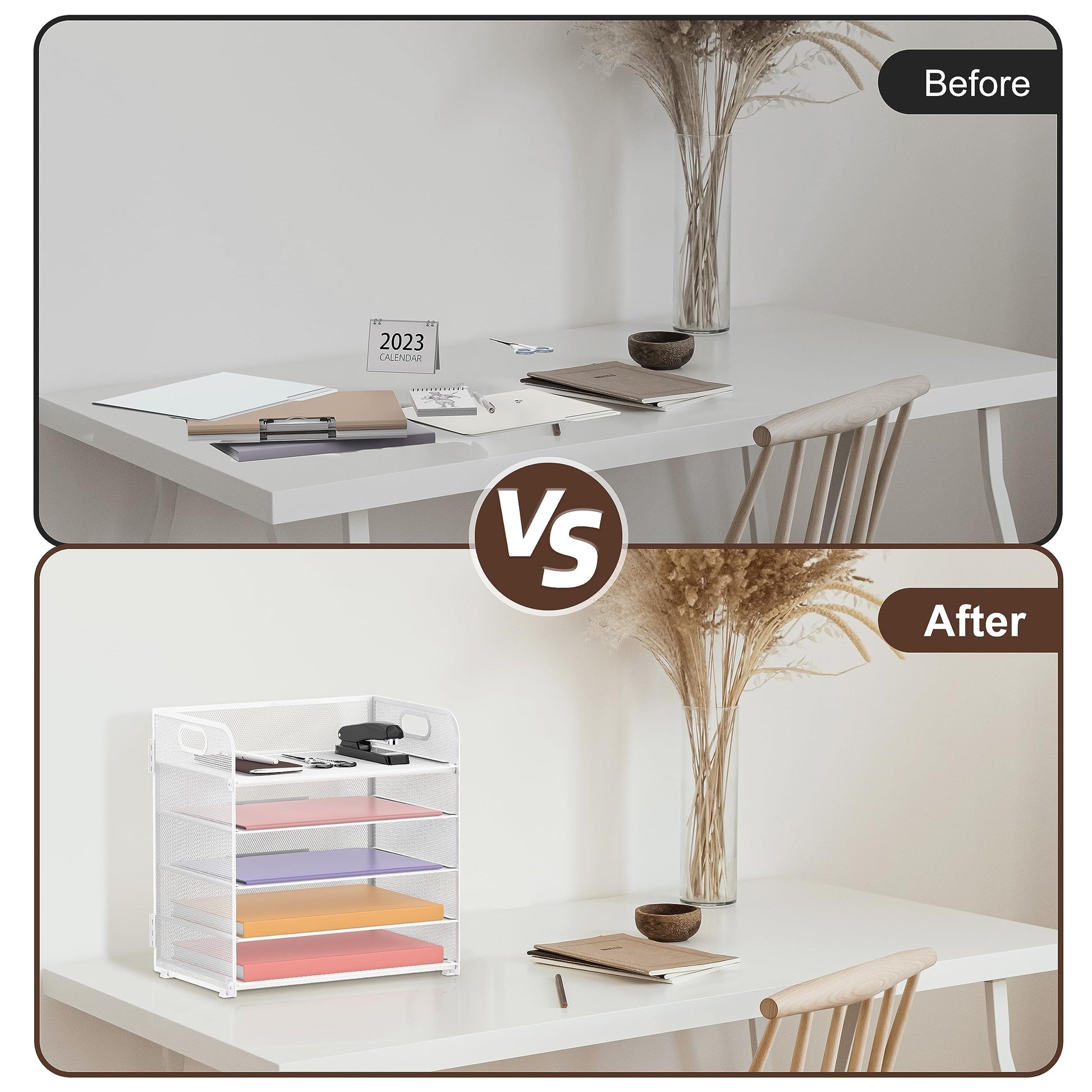 2 Pack 5-Tier White Desk Organizer with Handle Mesh Desk File/Paper Organizer Letter Tray for