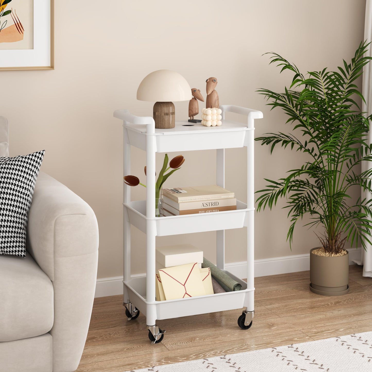 MIOCASA Utility Rolling Cart with Cover Top Board, 3-Tier Kitchen Storage Organization, Art Cart