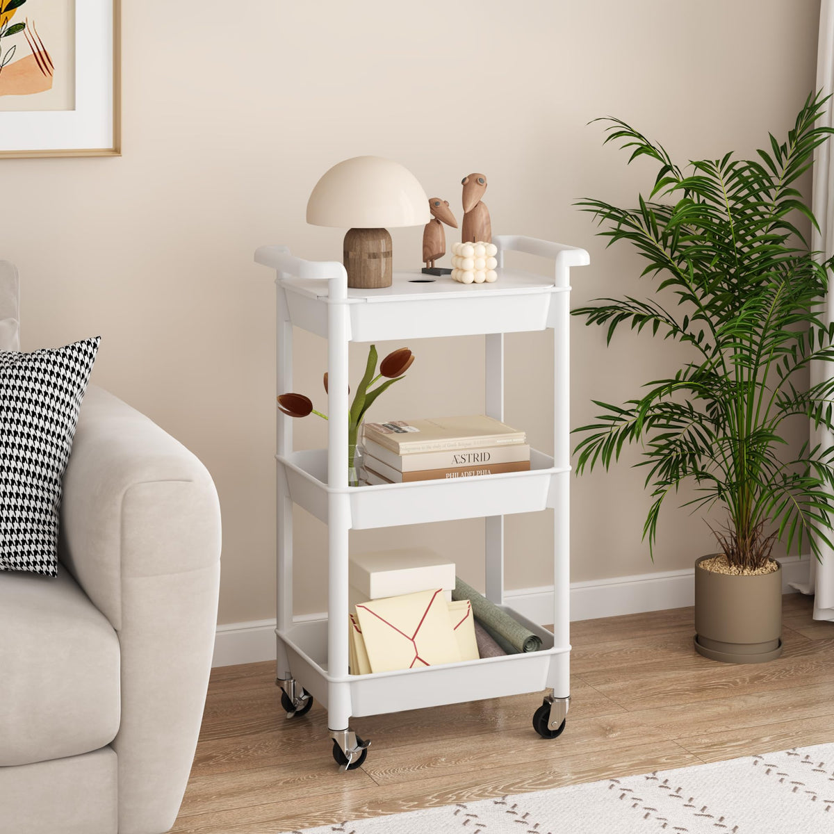 MIOCASA Utility Rolling Cart with Cover Top Board, 3-Tier Kitchen Storage Organization, Art Cart