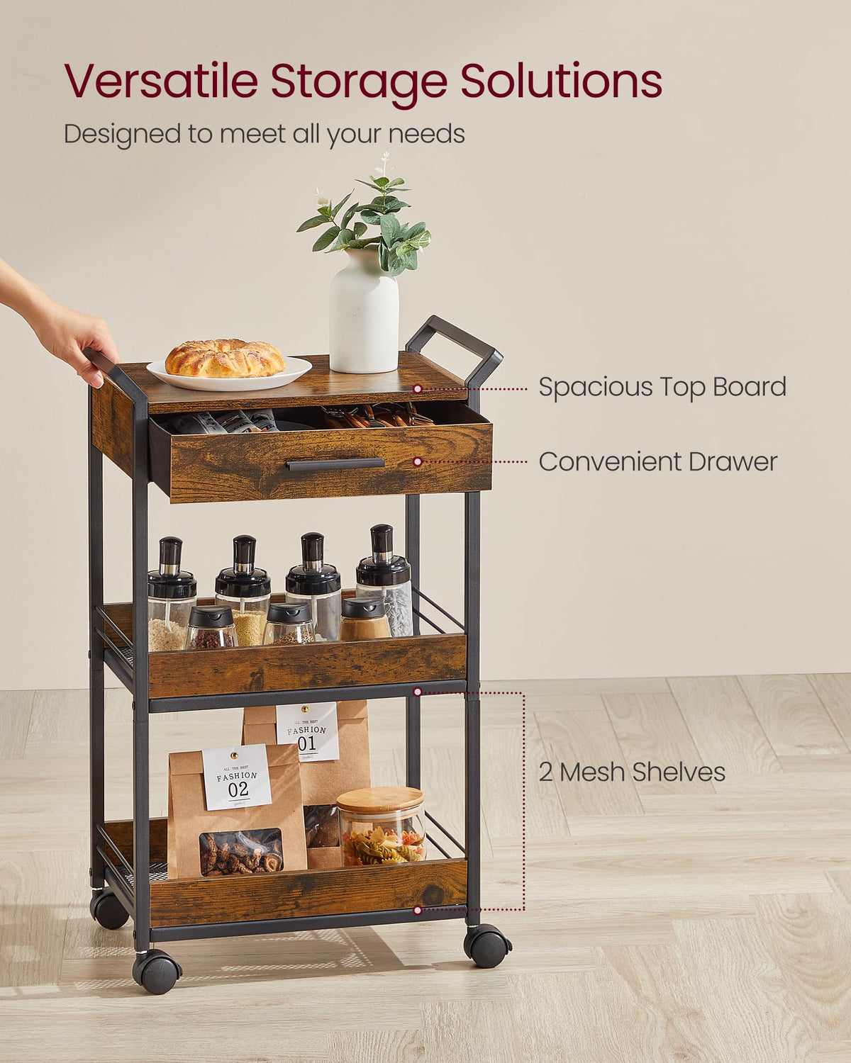 VASAGLE Storage Cart, 3-Tier Rolling Utility Cart with Table Top