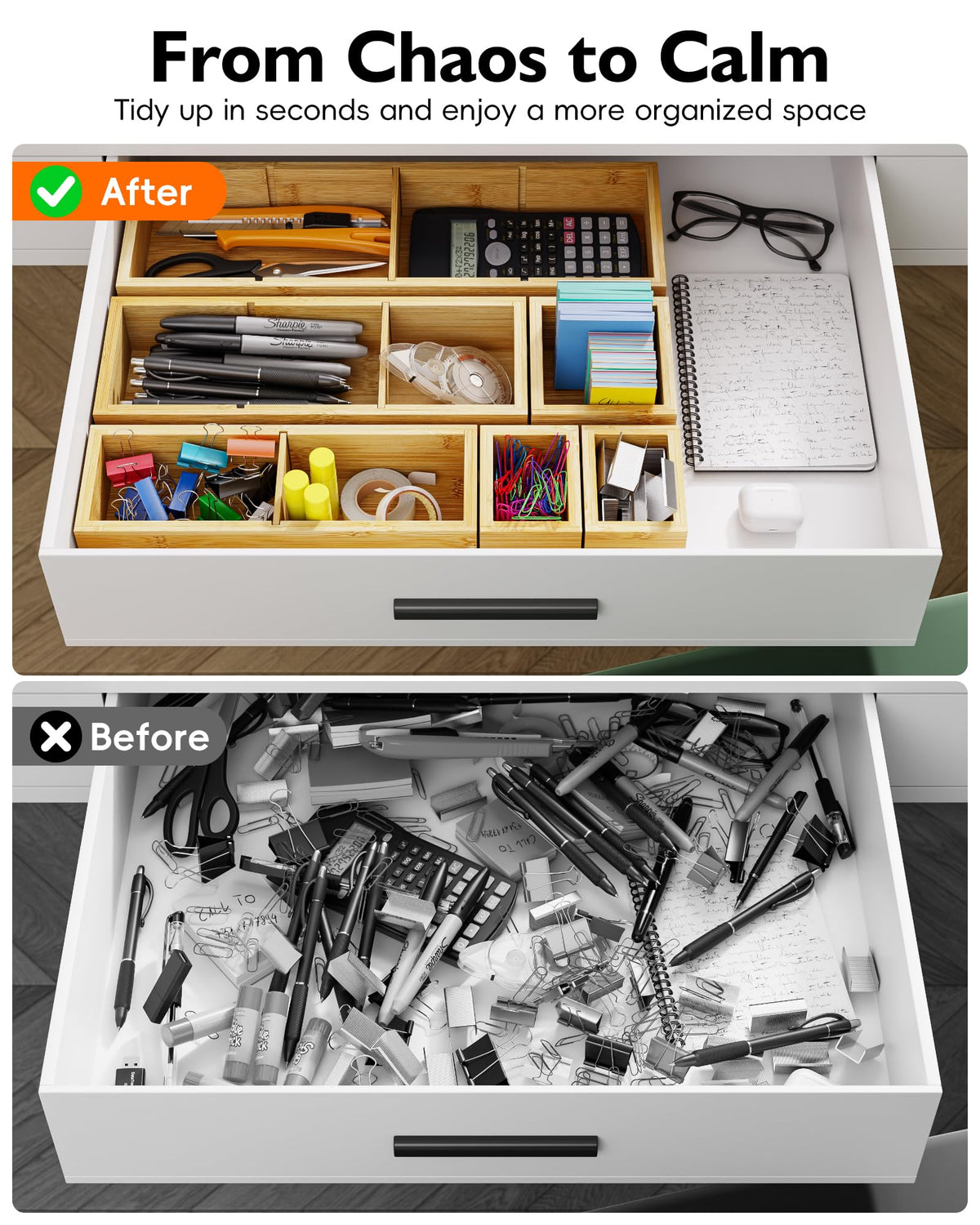 VA1KENE Bamboo Drawer Organizer Set, 6 PCS Trays with 12 Compartments