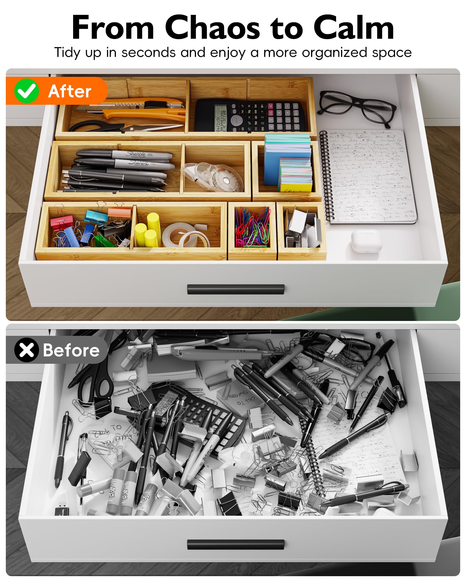 12-Piece Bamboo Drawer Organizer Set, 24 Compartments Modular Storage