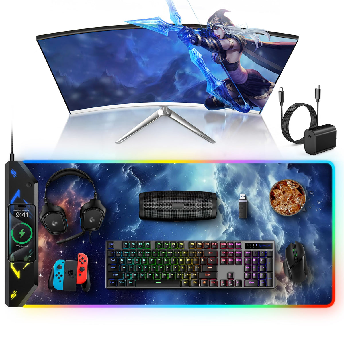 5-in-1 RGB Mouse Pad with Wireless Charging, Gaming Desk Mat, Blue Nebula