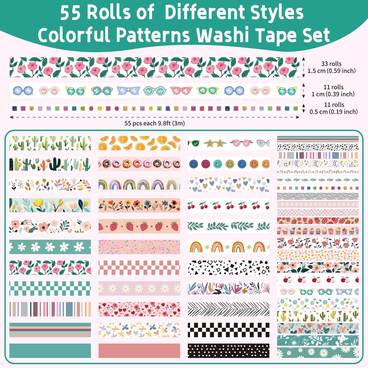 MOOKER 55 Rolls Holiday Washi Tape Set - Decorative Tape Seasonal Bohemian Colored Tape, Cute Washi