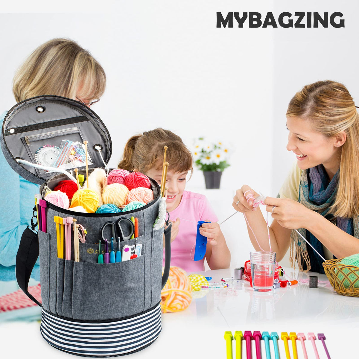 MYBAGZING Expandable Crochet Bag Organizer w/Yarn Grommets& Zipper Closure