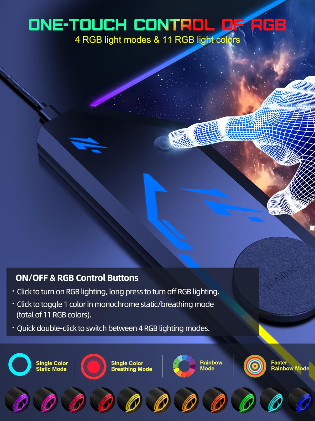 5-in-1 RGB Mouse Pad with Wireless Charging, Gaming Desk Mat, Blue Nebula