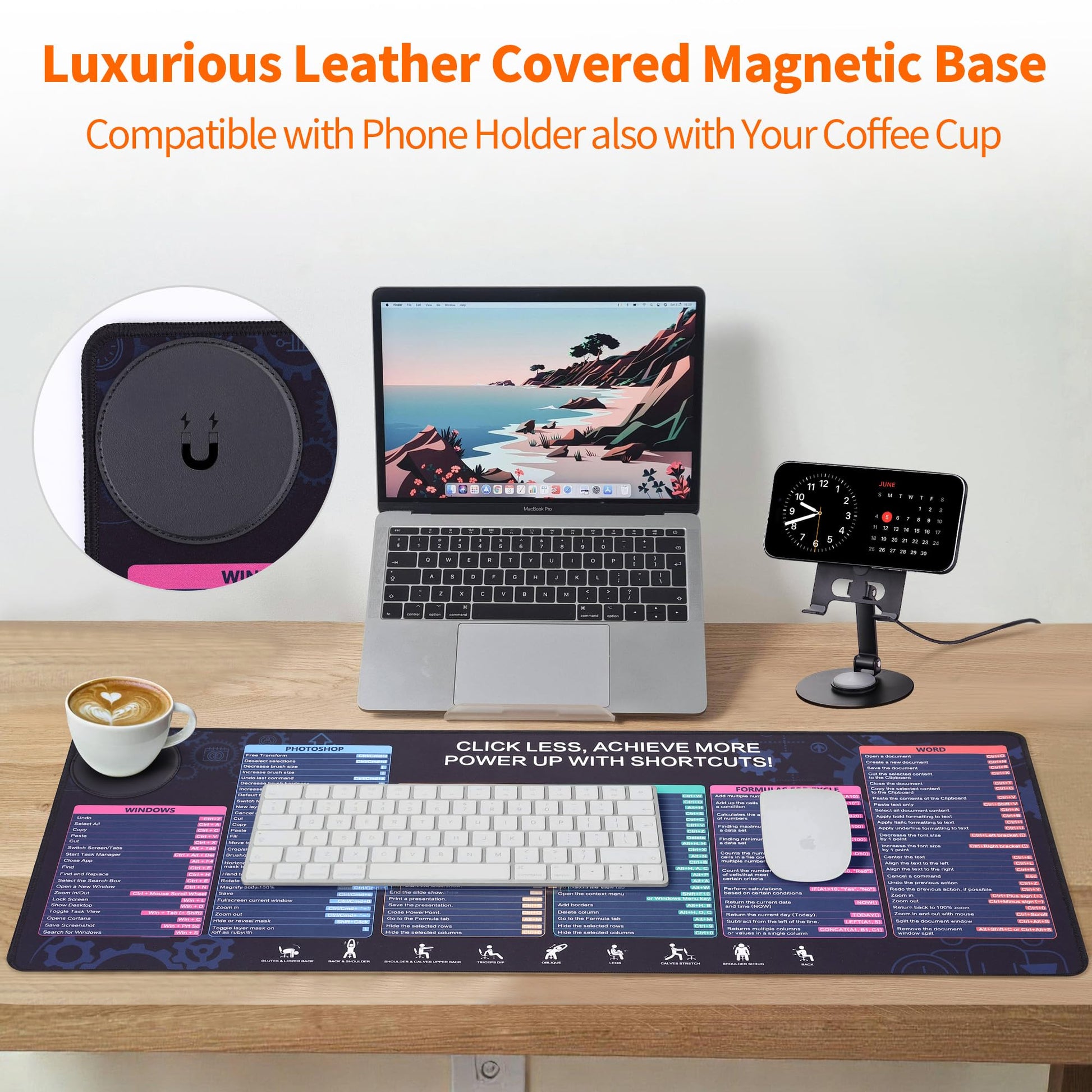 Office Pro Shortcuts Mouse Pad with Magnetic Wireless Charger & Holder Large Desk Mat with Keyboard