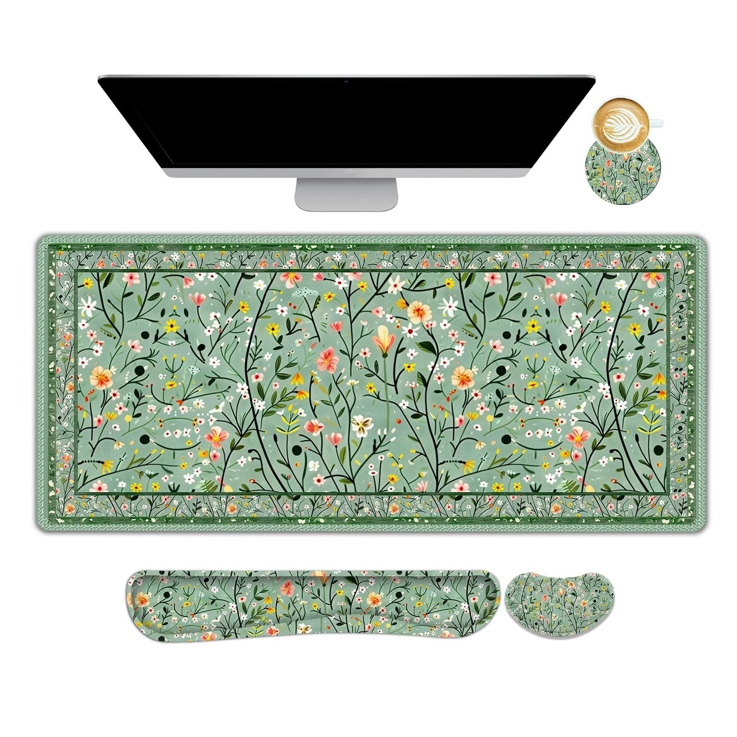 Lauspuck Floral Desk Mat, 4in1 Large Mouse Pad with Wrist Rest, Anti-Slip Desk Pad for Desktop, XXL