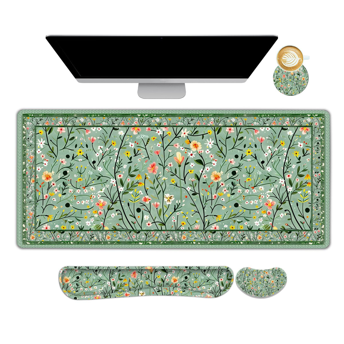 Lauspuck Floral Desk Mat, 4in1 Large Mouse Pad with Wrist Rest, Anti-Slip Desk Pad for Desktop, XXL