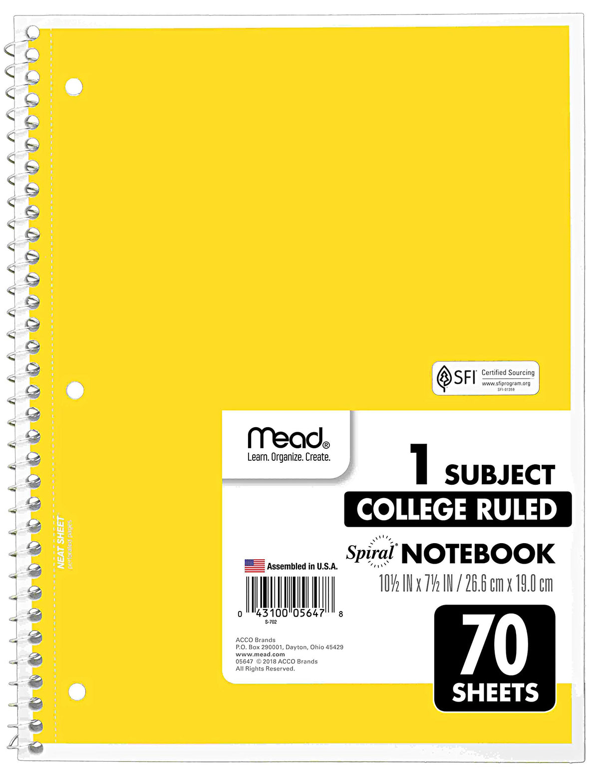 Mead Spiral Notebooks, 6 Pack, 1-Subject, College Ruled Paper, 10-1/2" x 8”, 70 Sheets per