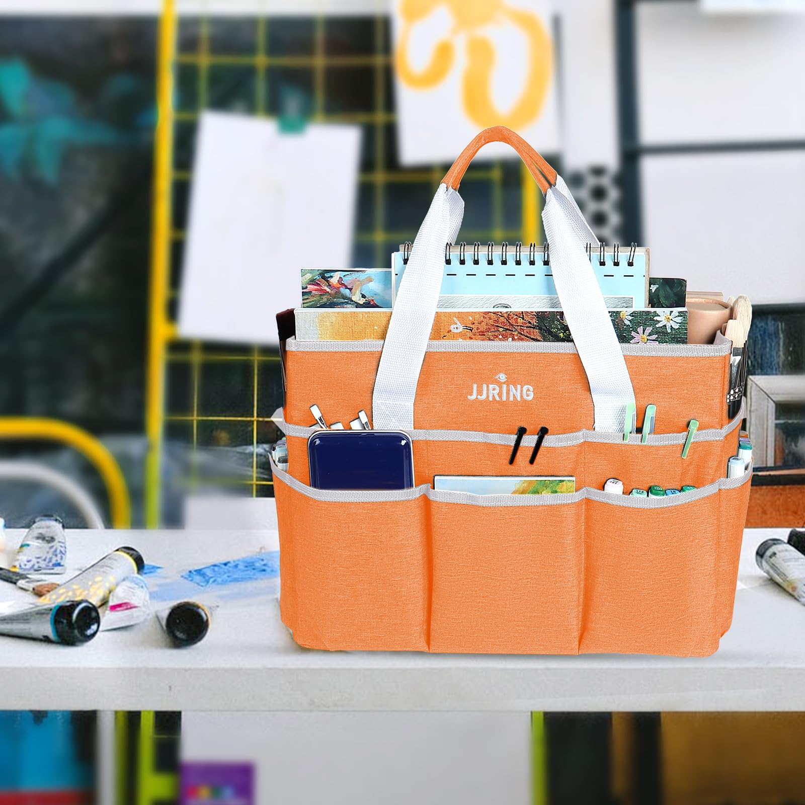 JJRING Craft Organizer Tote Bag Large Art Storage Caddy Orange
