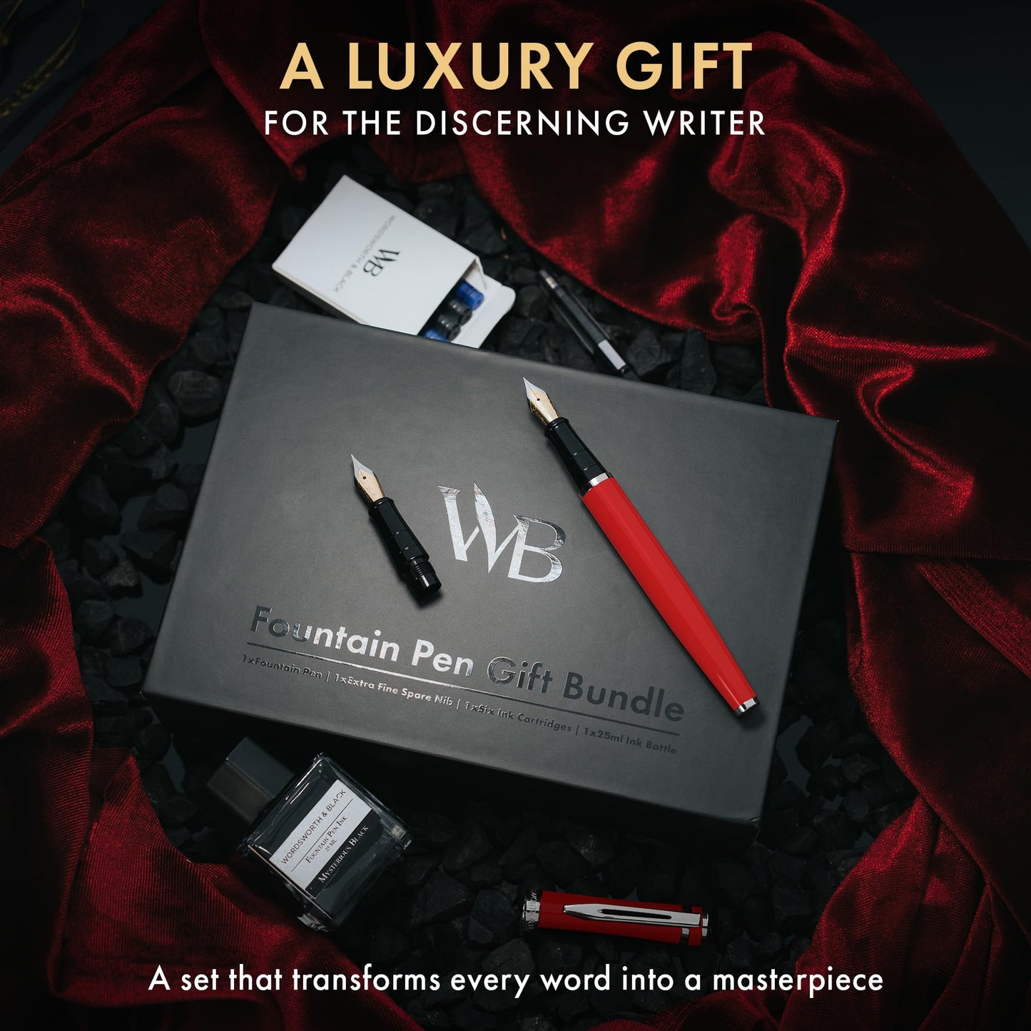 Wordsworth & Black Fountain Pen Gift Set, Medium & Extra Fine Nib, Red