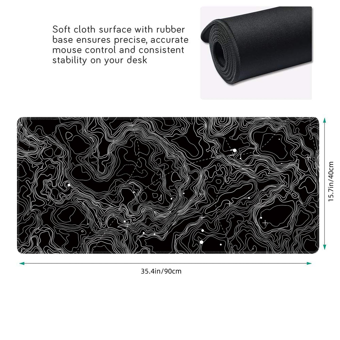 Black with White Topographic Line Large Mouse Pad,Gaming Keyboard Desk Pad,Extended Mouse Mat