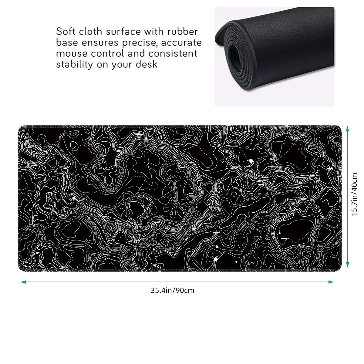 Black with White Topographic Line Large Mouse Pad,Gaming Keyboard Desk Pad,Extended Mouse Mat