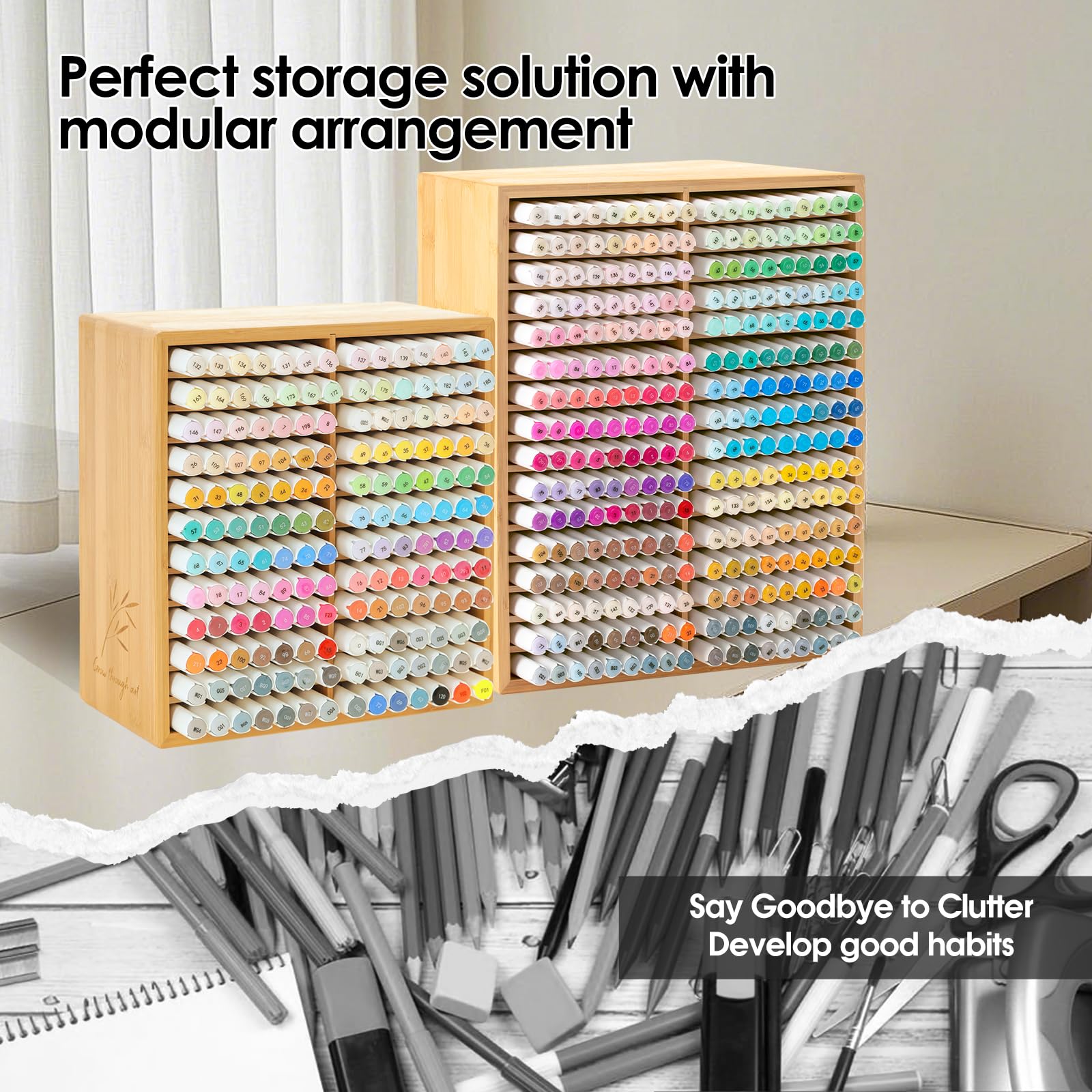 TIKSPCAE Marker Organizer for 288 Markers,Bamboo Wooden Desk Storage Organizer Rack,Markers Pens