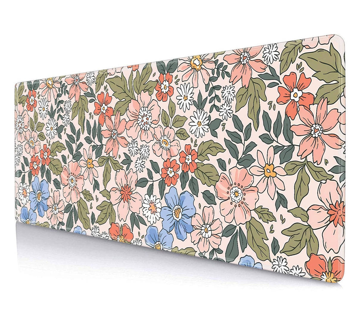 SXCKANG Pink Blue Floral Desk Mat Cute, XL Green Leaf Flowers Extended Mousepad, Non-Slip Rubber