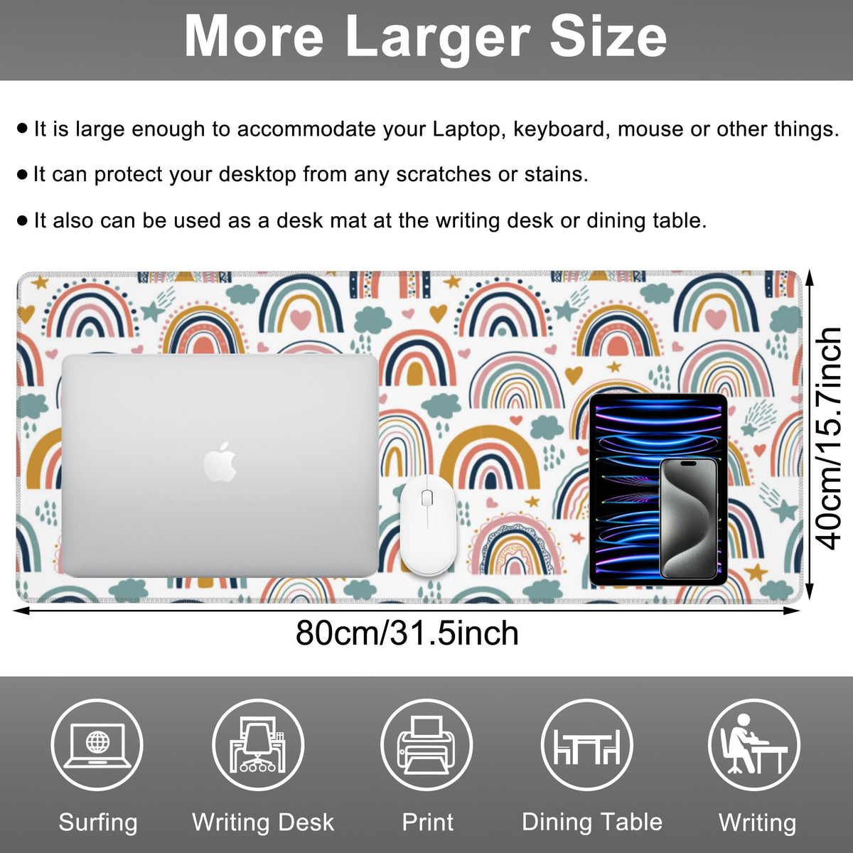 Mouse Pad, Large Boho Rainbow Desk Mat, Extended Non-Slip Gaming Keyboard Mousepad Desk Pad, Thick