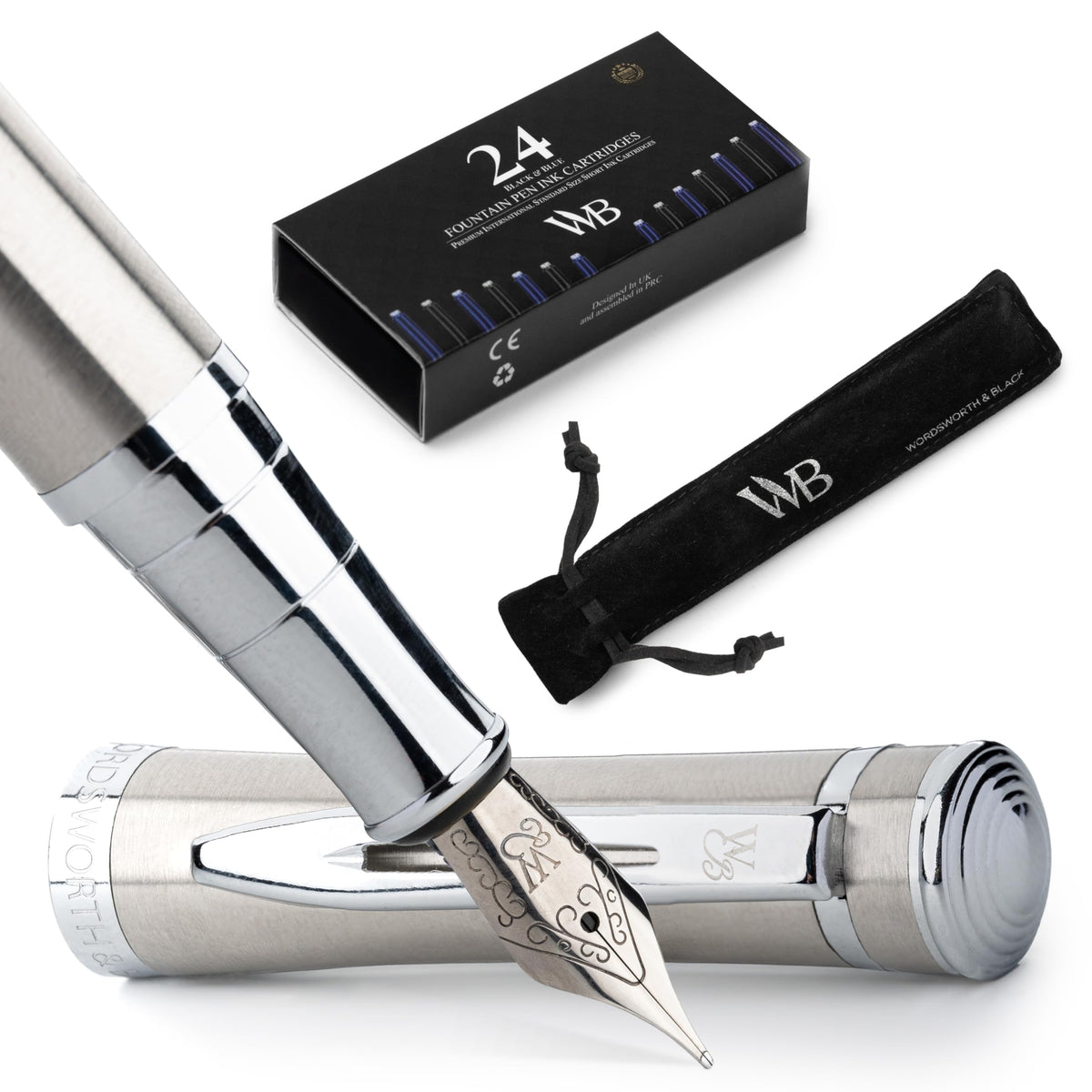 Wordsworth & Black Luxury Fountain Pen Set for Writing, Medium Nib, Silver