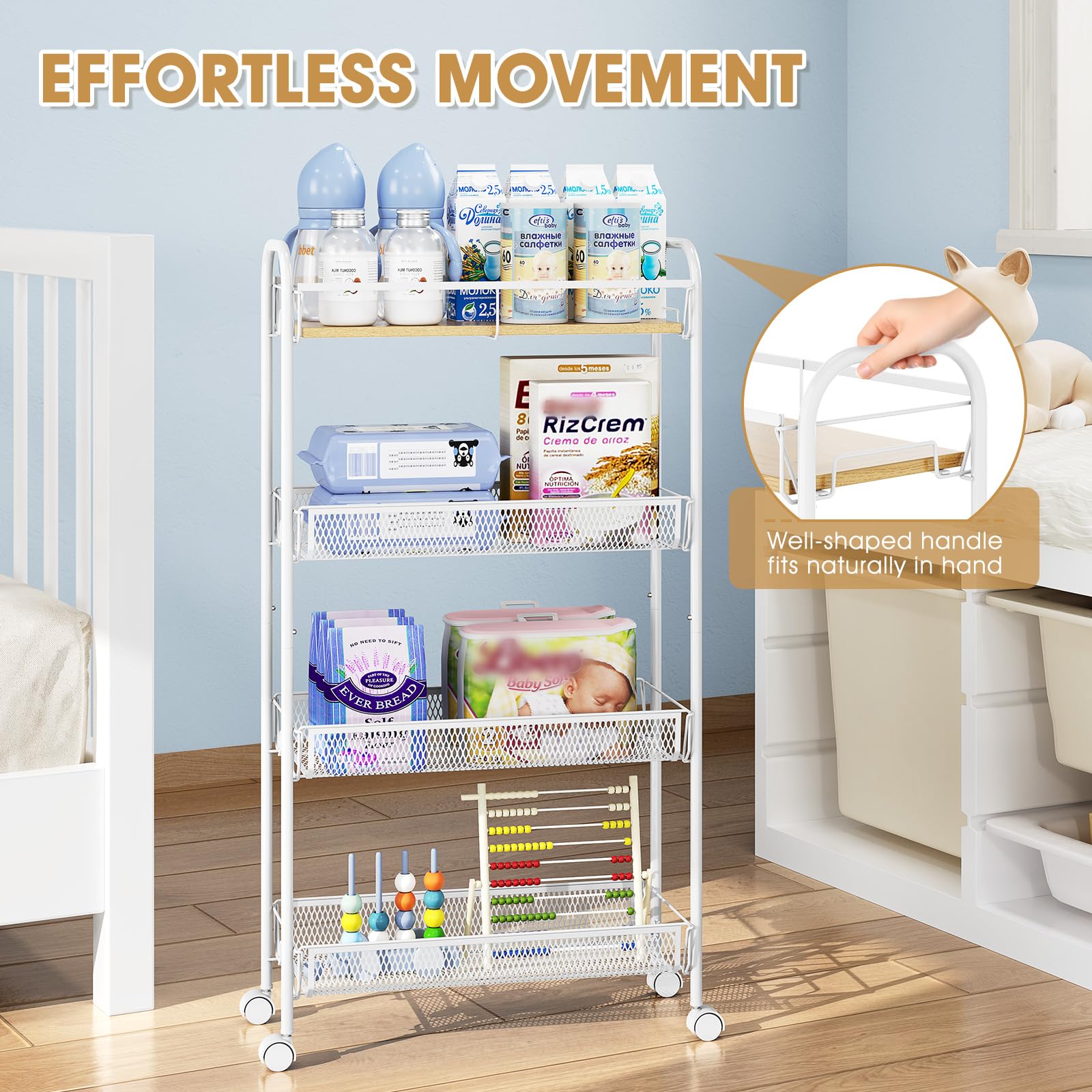 TOOLF 4-Tier Slim Rolling Cart, Metal Utility Cart, Slide Out Storage Cart with Wooden Tabletop and