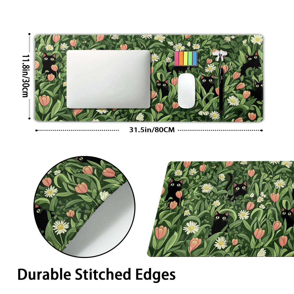 Kawaii Green Plant Gaming Mouse Pad XL Cute Black Cat Flower Cottagecore Extended Big Large Desk