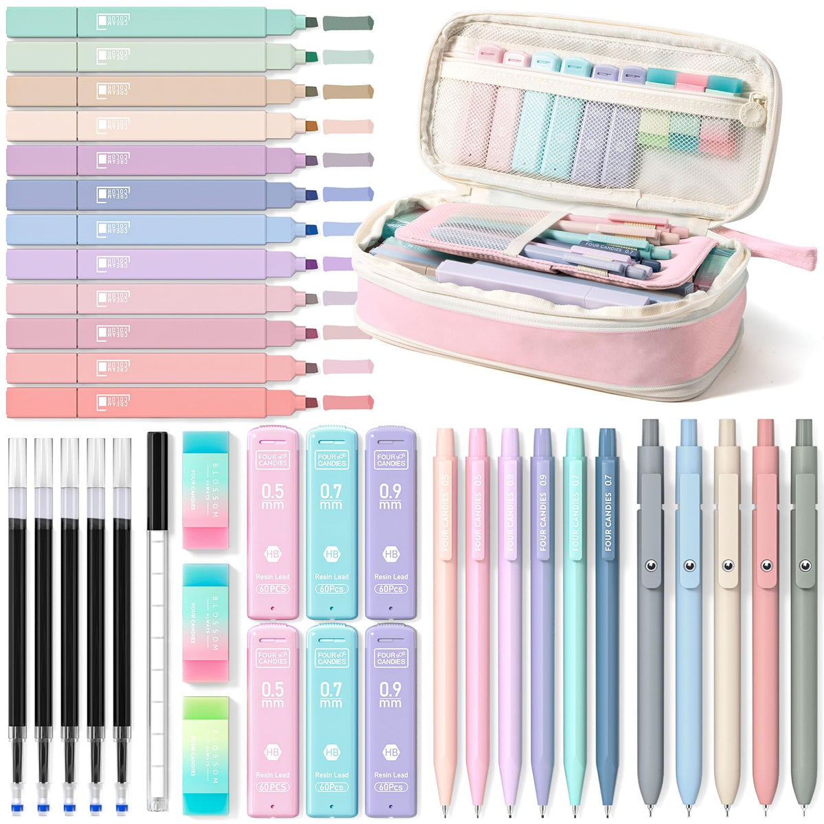 Four Candies School Supplies with Cute Pencil Case, 39ct, Pink