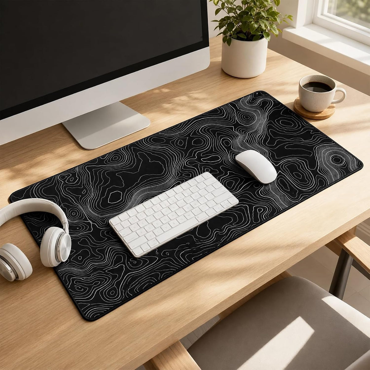 Topographic Gaming Mouse Pad 31.5x11.8 Inch, Black White Desk Mat Extended