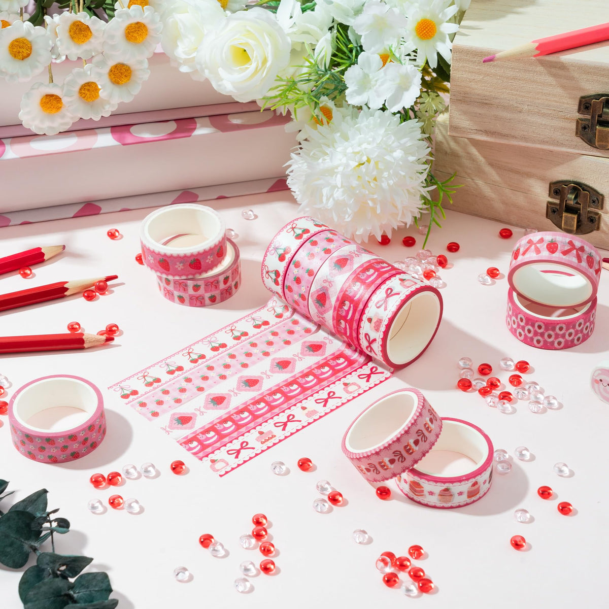 BkeeCten Pink Strawberry Washi Tape - 12 Rolls Waterproof Cute Bow Sweets Desserts Self Adhesive