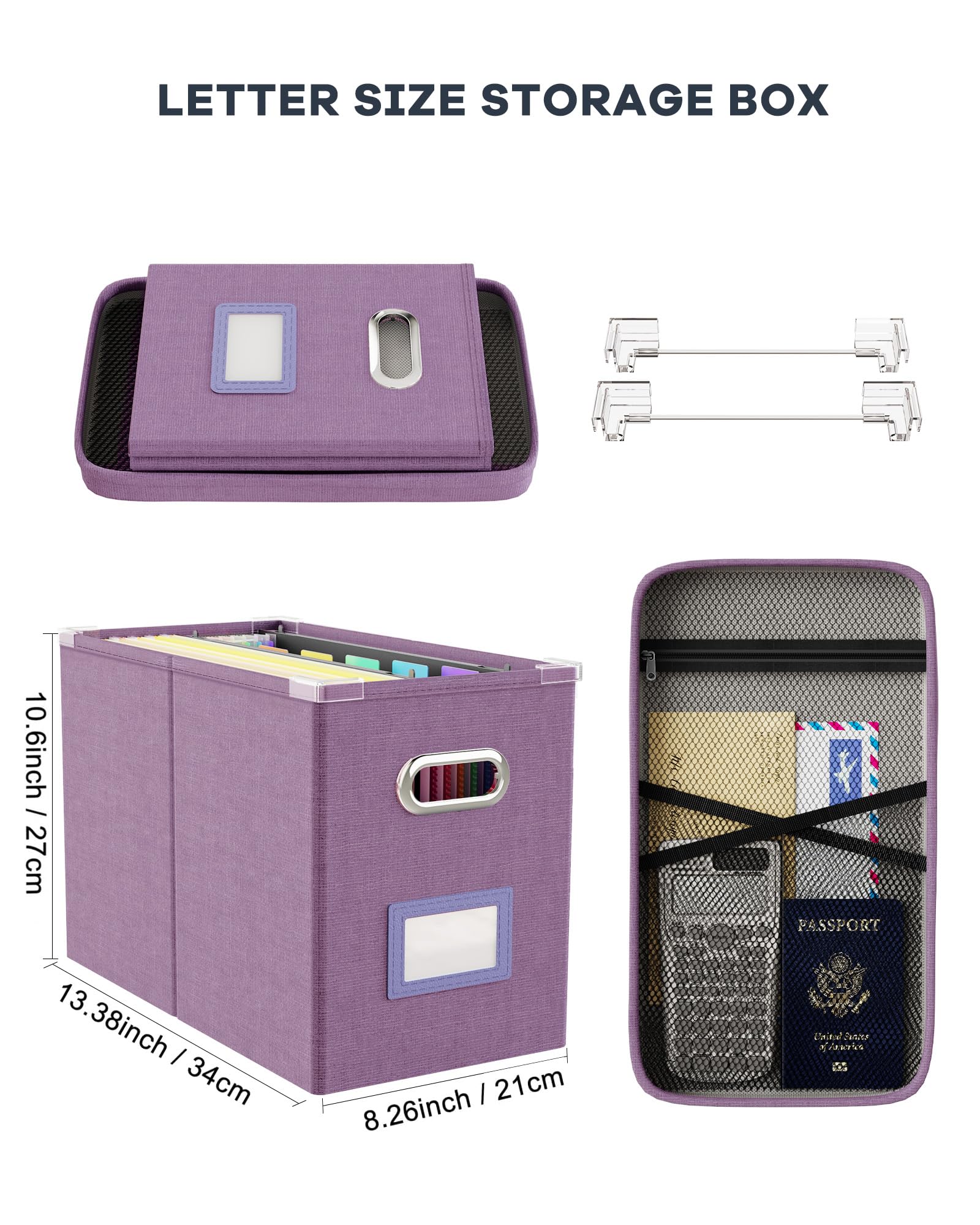 Oterri File Organizer with Lid, Hanging Filing Box with Mesh Pocket, Document Organizer for Letter