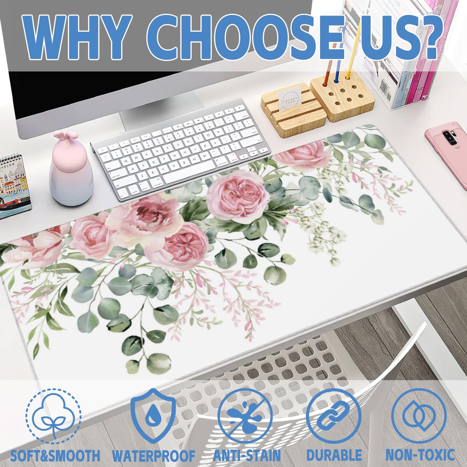 Desk Mat,Peony Flowers and Eucalyptus Leaves Large Gaming Mouse Pad for Desk XXL,Pink Floral Desk