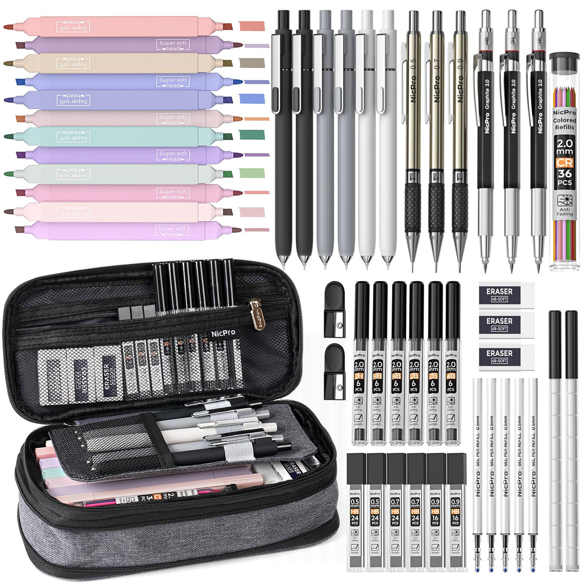 Nicpro School Supplies Stationary Set with Pencil Case, 50 PCS Black