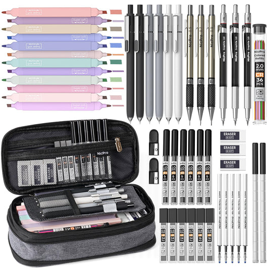 Nicpro School Supplies Stationary Set with Pencil Case, 50 PCS Black