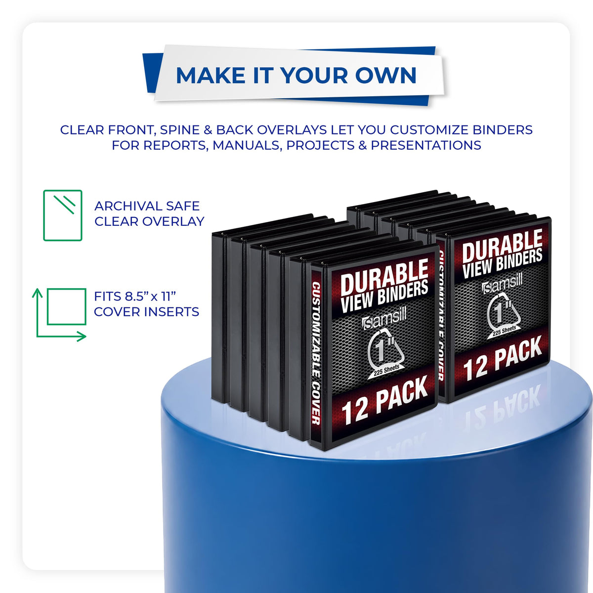 Samsill Durable 1 inch 3 Ring Binder, D Ring Binder, 100% Recycled Chipboard, Black, 12 Pack