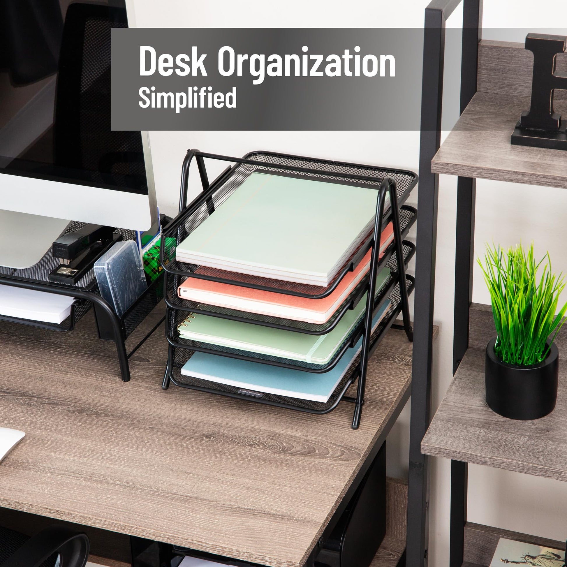 Mind Reader 4-Tier Paper Tray, Desktop Organizer, File Storage, Workspace, Office, Metal Mesh, 12"L