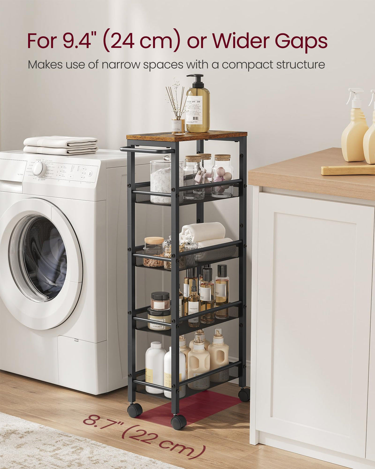 VASAGLE 5-Tier Slim Rolling Storage cart with Wheels, 8.7 Inches, Metal