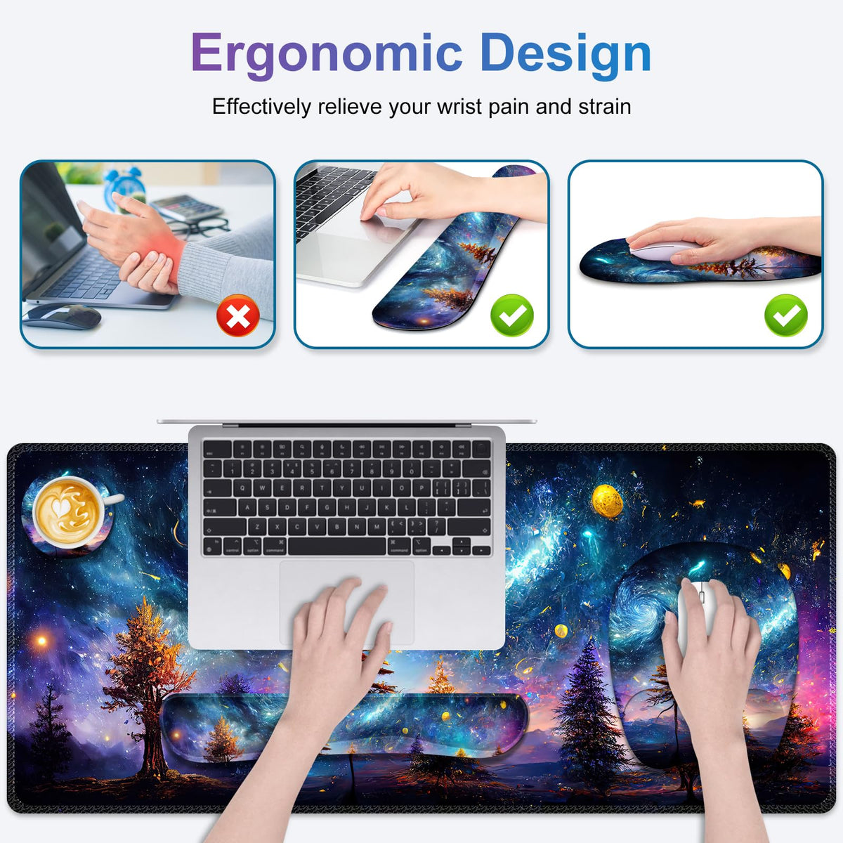 NXZGO 4 in 1 Large Mouse Pad, Keyboard Wrist Rest Set, Ergonomic, Non-slip, Waterproof, Colorful