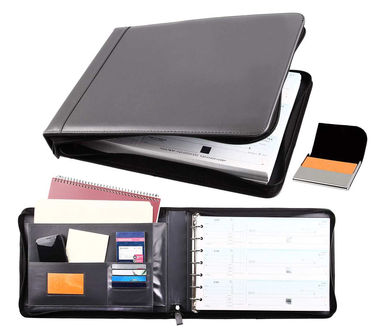 2Fold Zippered Business Checkbook Binder - 7 Ring Binder for Business Checks with Built-in