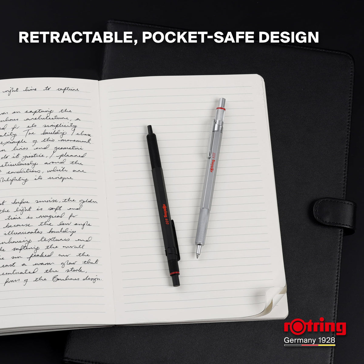 rOtring 600 Gel Pen | 0.55 mm | Black Ink | Silver Metal Body Pen | Non-Slip Knurled Grip &