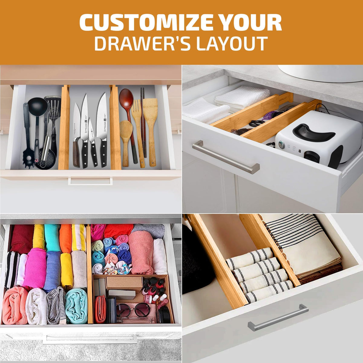 4-Pack Drawer Dividers 2.6-Inch High Dresser Drawer Organizer 16 to 22 Inch