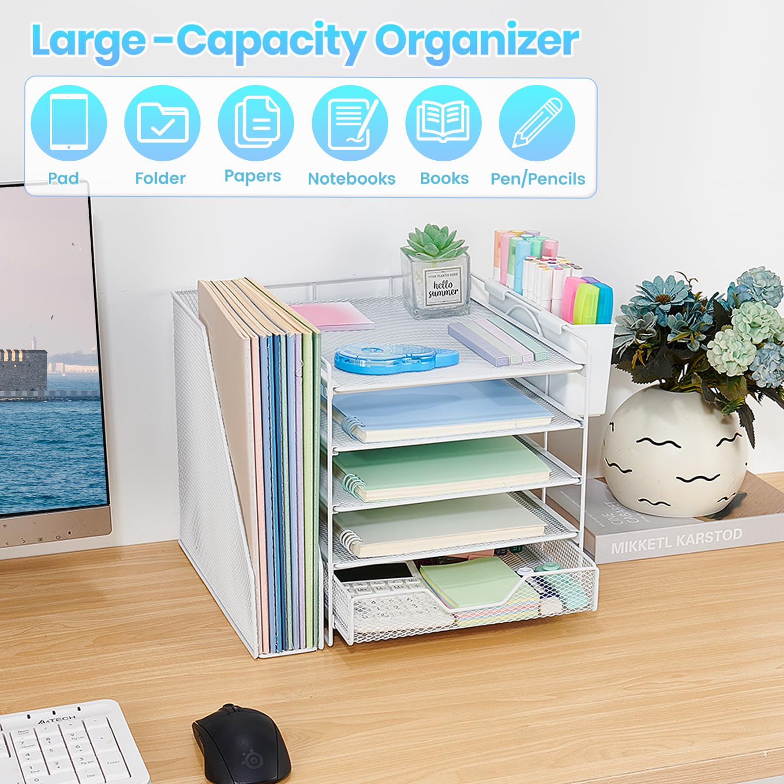 Gugsey 5-Tier Desk File Organizer with Drawer & Pen Holder (White)