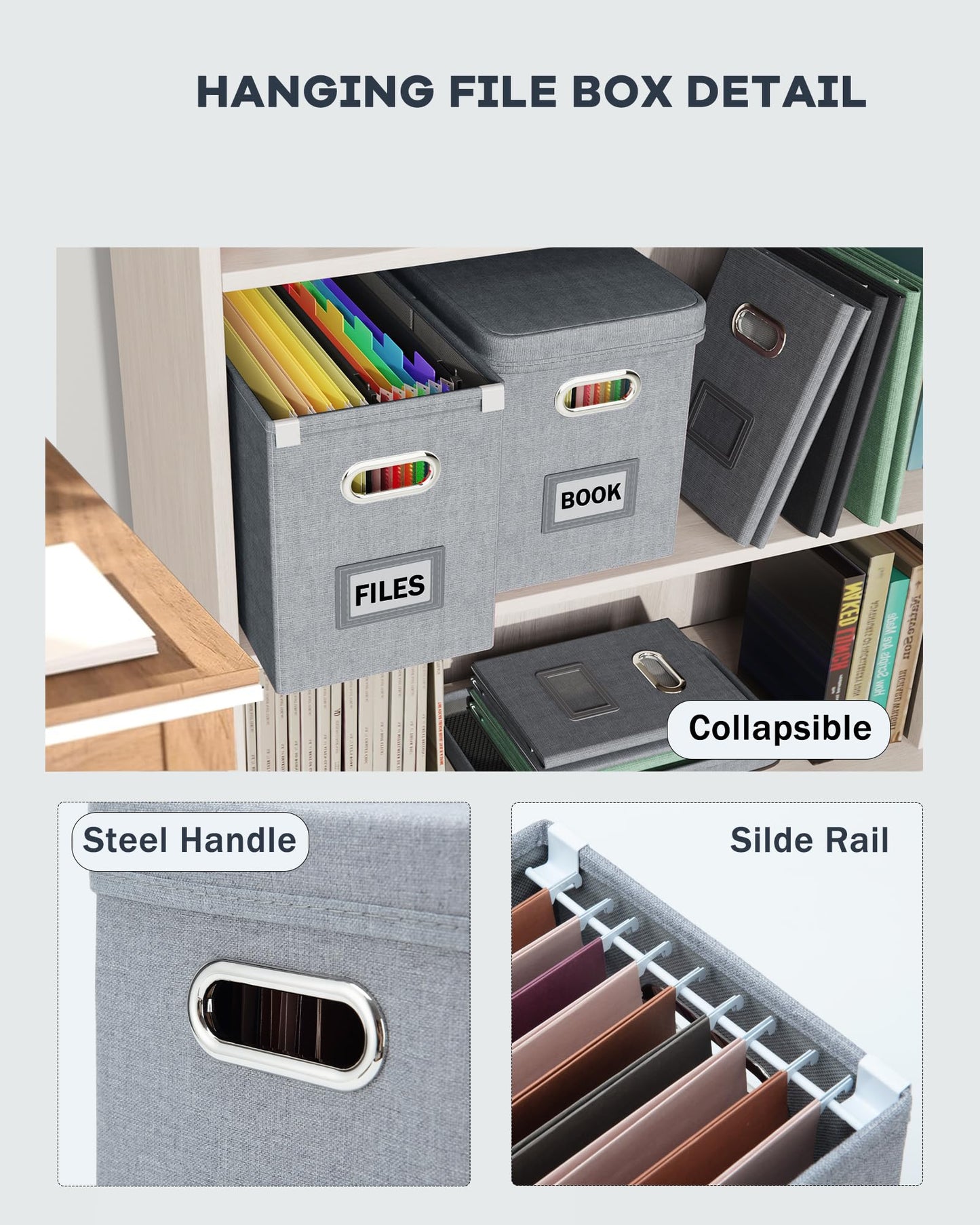 Oterri File Organizer Box with Lid, Hanging Filing File Box with Mesh Pocket, Document Organizer