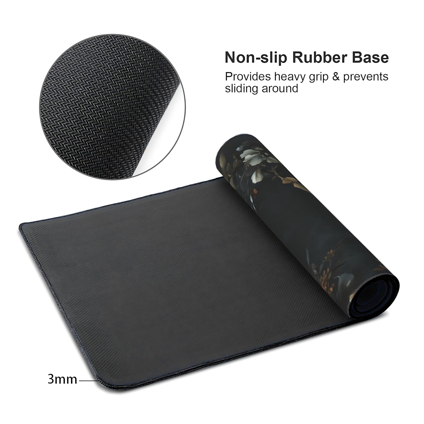 Floral Aesthetic Rose Gaming Mouse Pad, Black Dark Botanical Desk Mat with Anti-Slip Base &