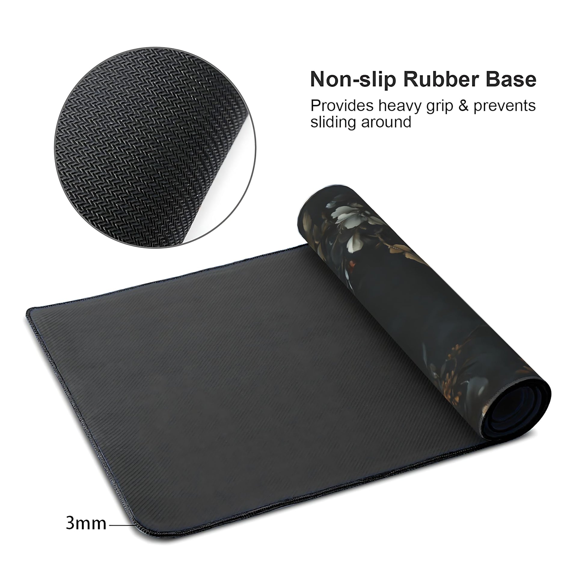 Floral Aesthetic Rose Gaming Mouse Pad, Black Dark Botanical Desk Mat with Anti-Slip Base &