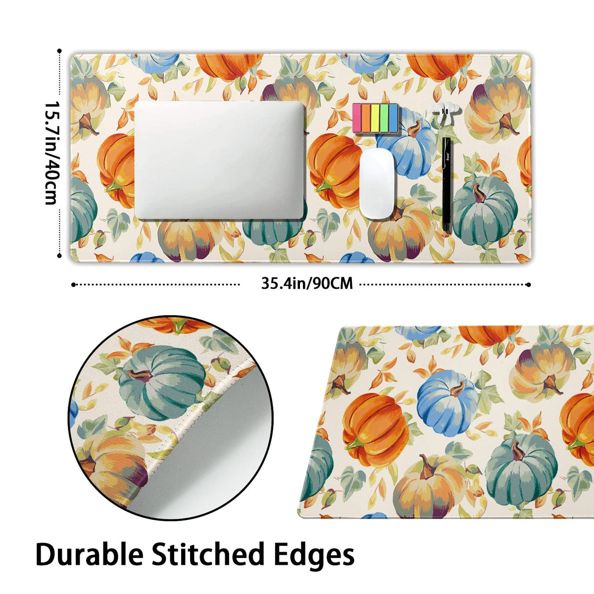 Watercolor Fall Pumpkins Gaming Mouse Pad XXL Autumn Leaves Extended Big Large Desk Mat Non-Slip