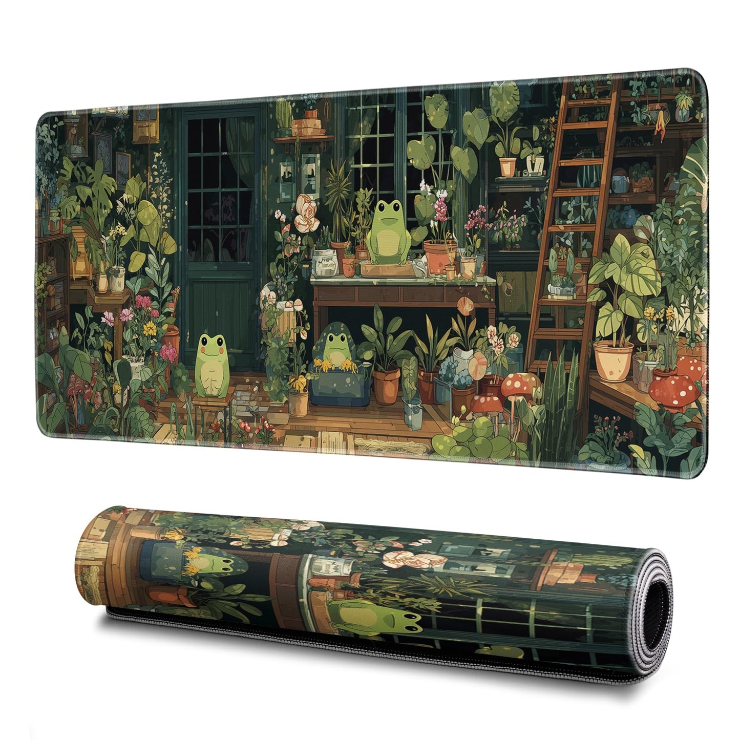 Cute Frog Kawaii Green Mouse Pad Desk Mat XL Extended Large Gaming Desk Pad Mousepad, Green Plant